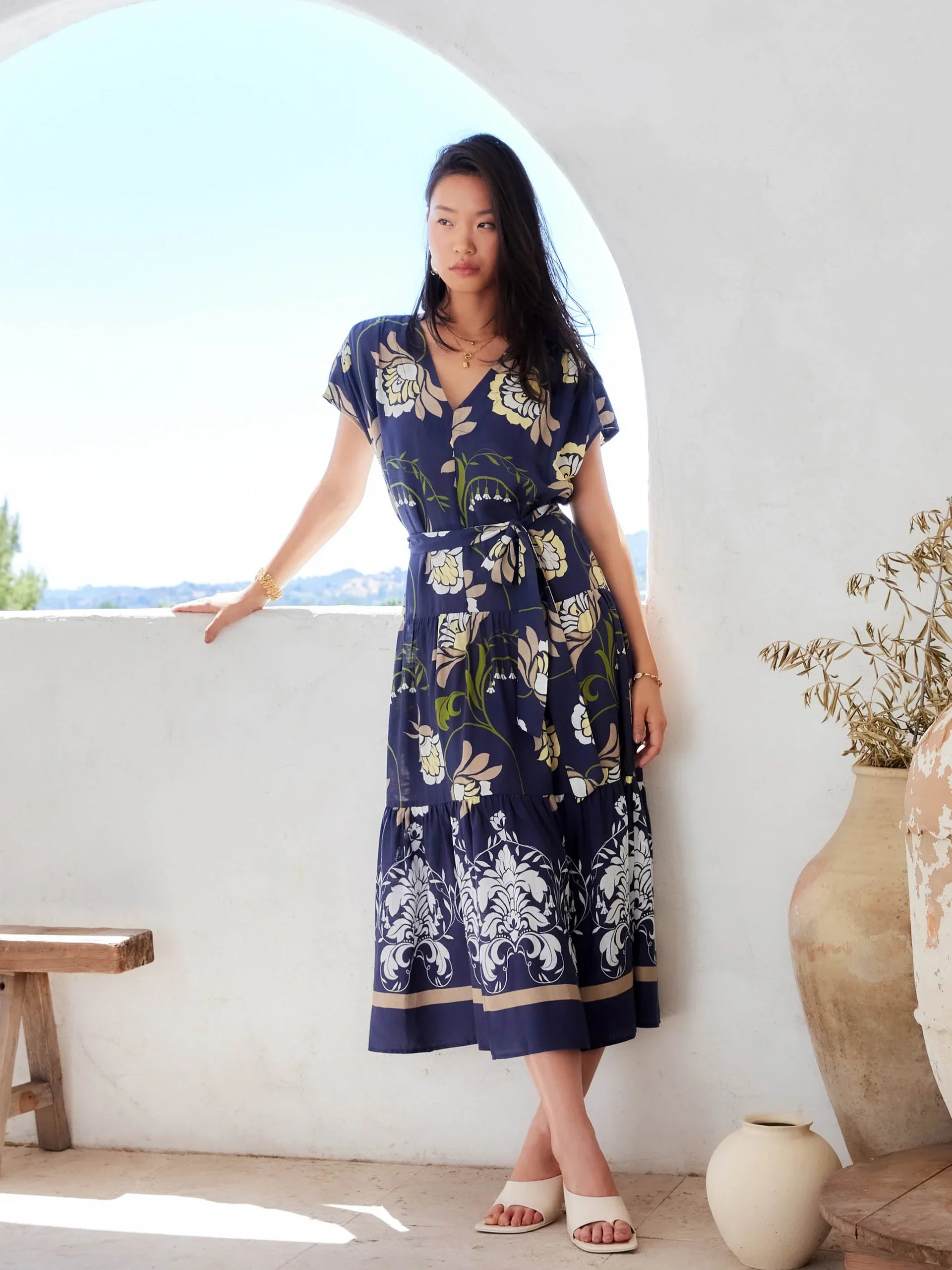 Fifteen Twenty Kristine Tiered Front-Slit Midi Dress