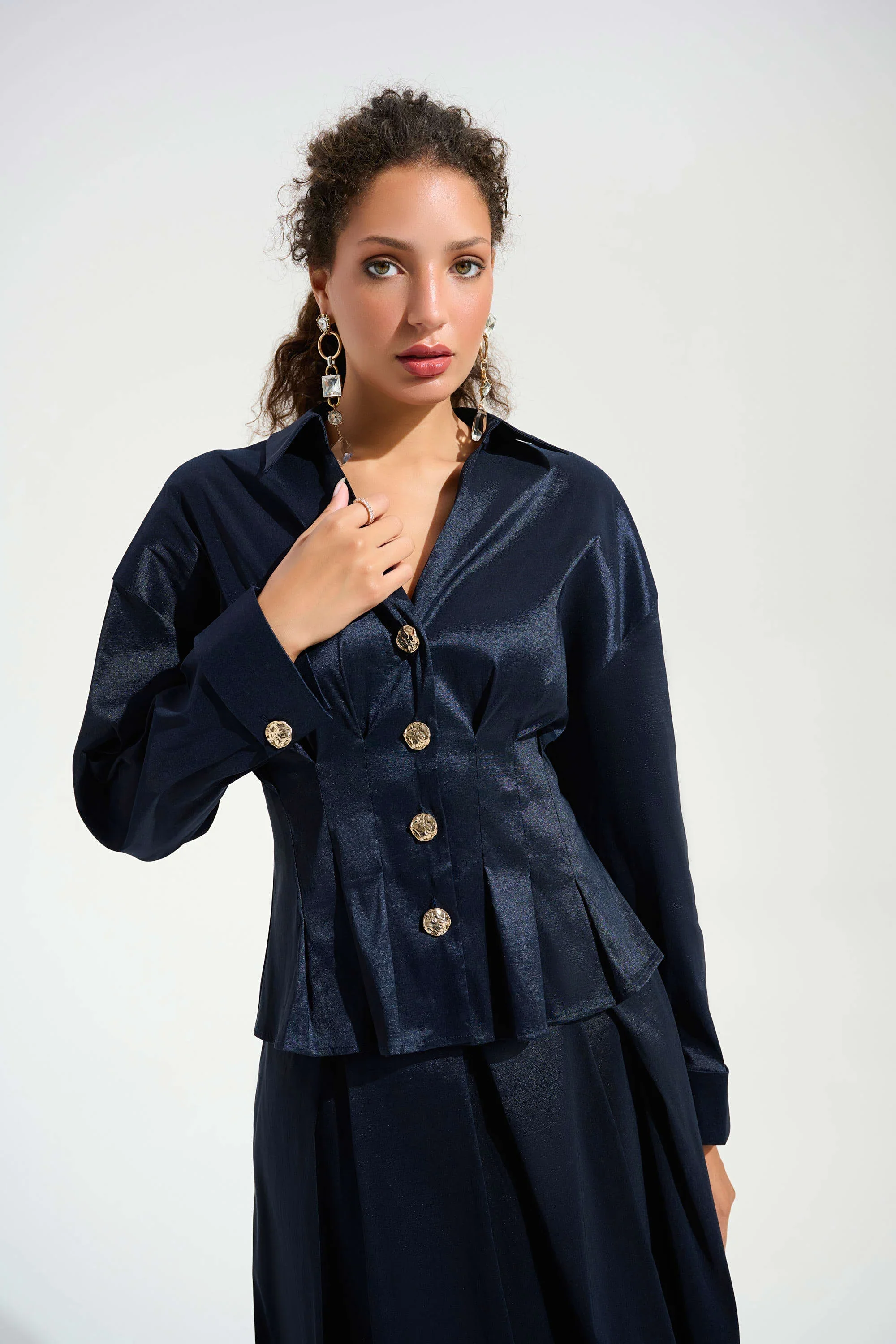 Joseph Ribkoff Stretch Taffeta Fit and Flare Blouse with Chain Link Button Cuffs