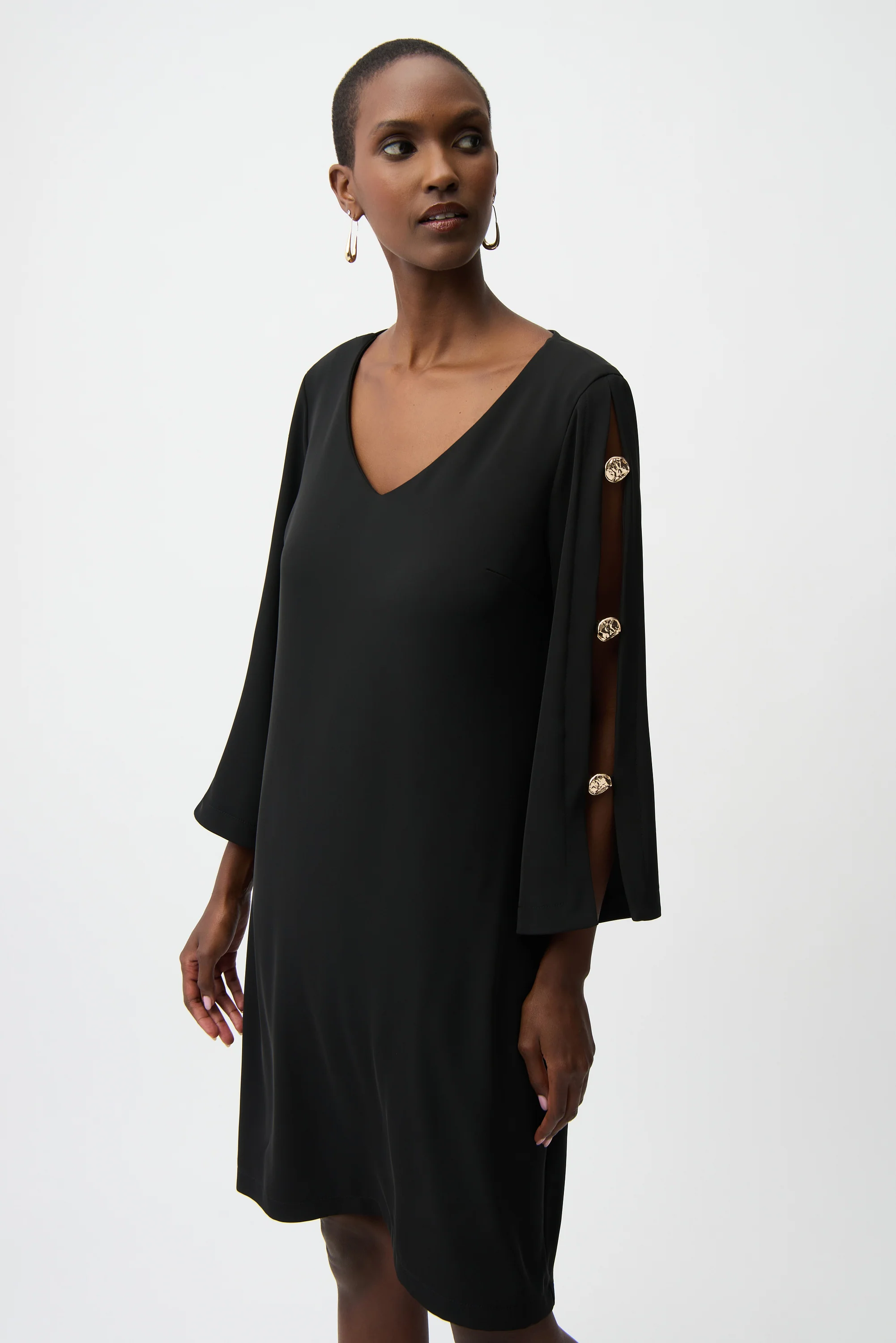 Joseph Ribkoff Woven Twill Trapeze Dress with Gold Trimmed Slit Sleeves