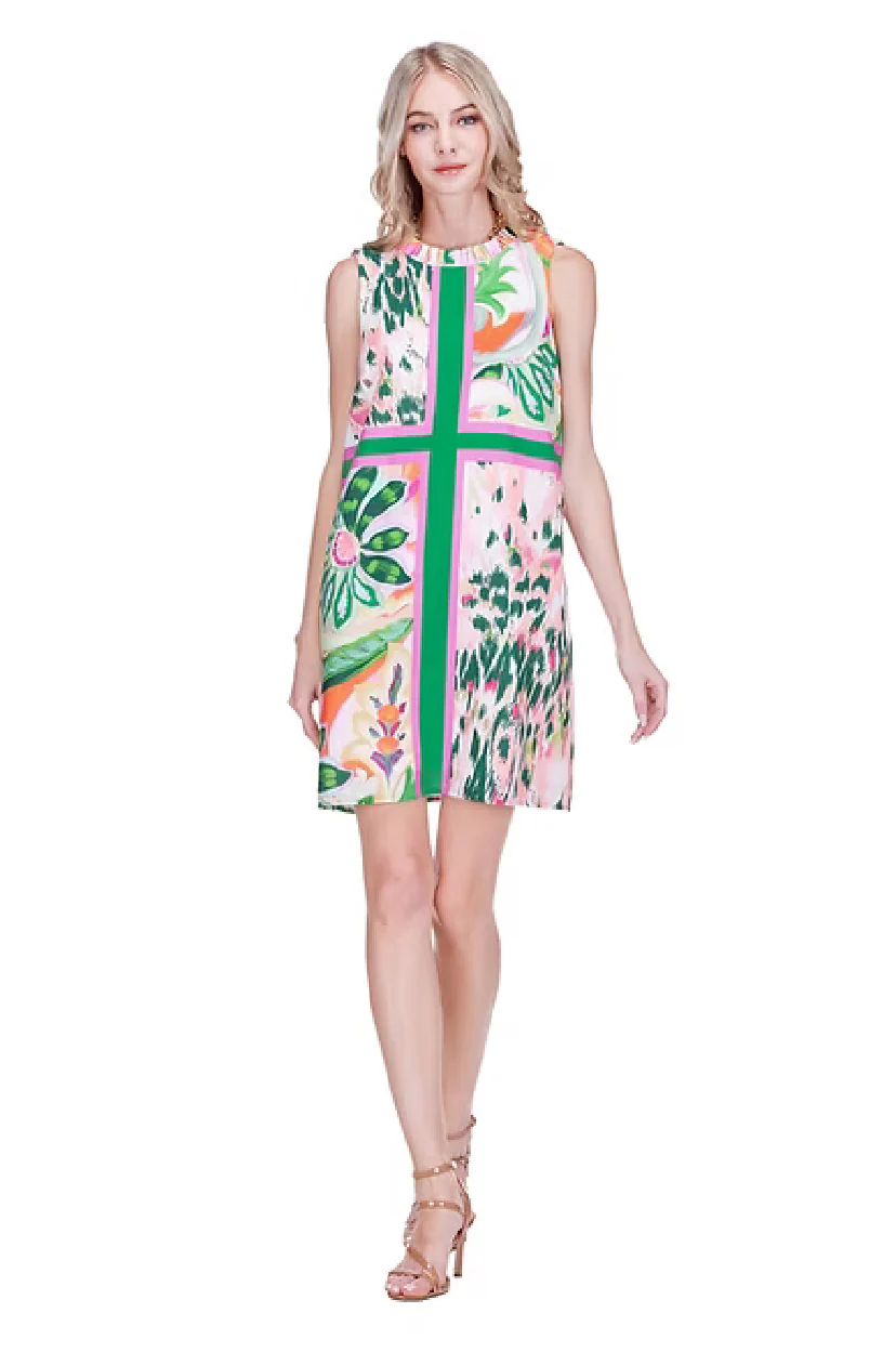 Joy Joy Ruffled Neck Dress, Patchwork Garden