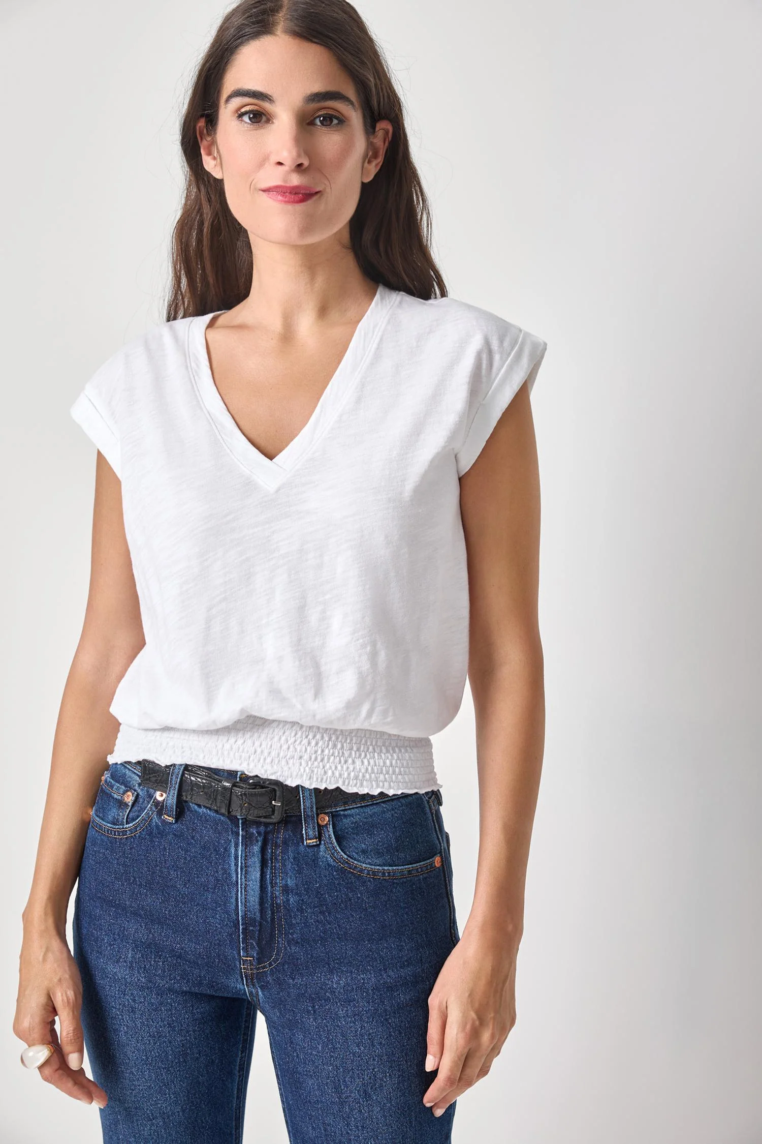 Lilla P Smocked Hem V-Neck