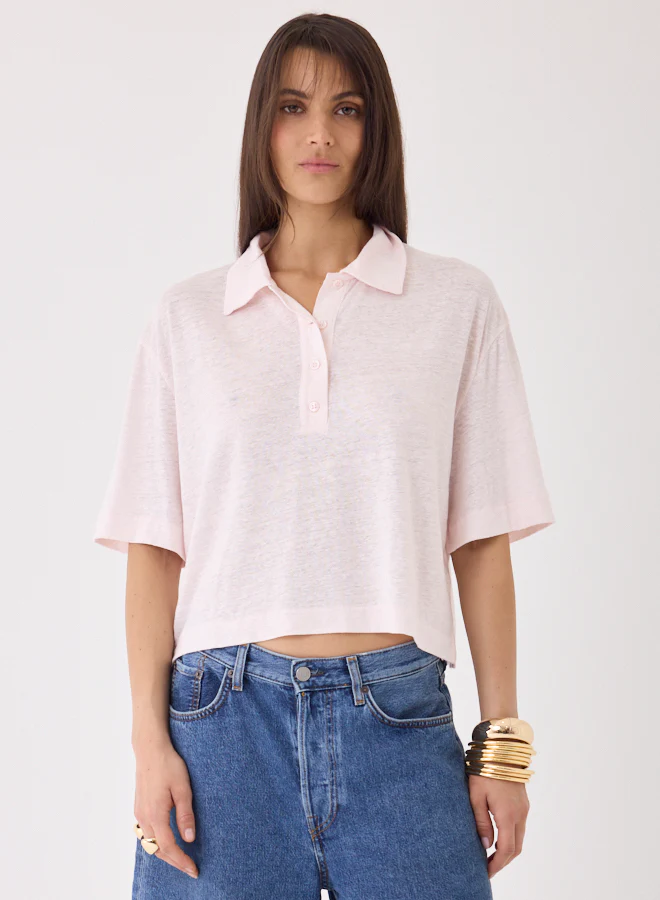 Majestic Filatures Stretch Linen Crop Elbow Sleeve Polo