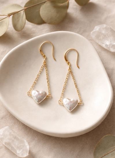 Sconset Flair Studio Heart Shaped Pearl Dangle Chain Earrings